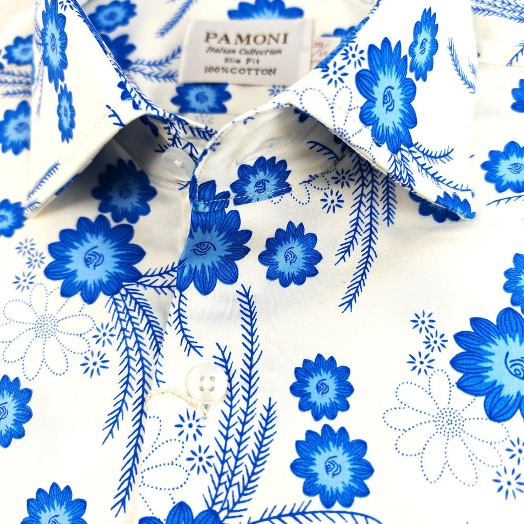 White and Blue Floral Print Short Sleeves Shirt