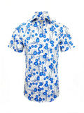 White and Blue Floral Print Short Sleeves Shirt
