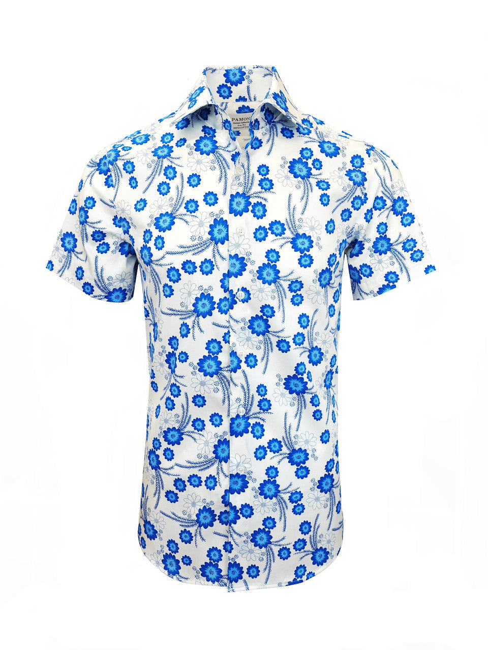 White and Blue Floral Print Short Sleeves Shirt