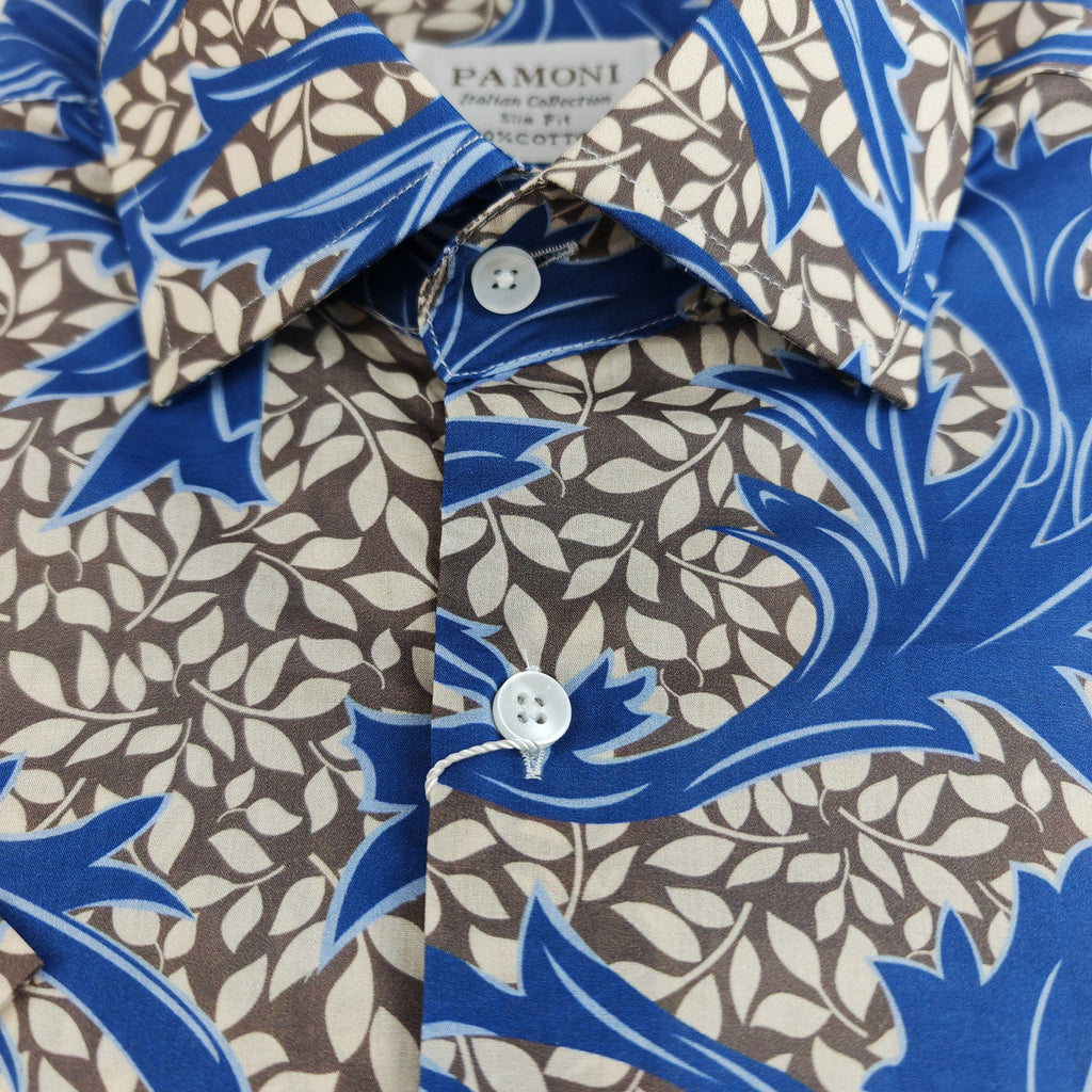 Blue and Brown Floral Print Short Sleeves Shirt