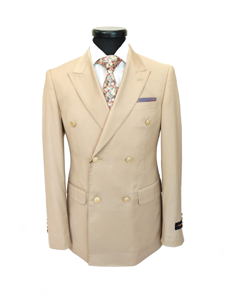 Beige Double Breasted Suit with Gold Button