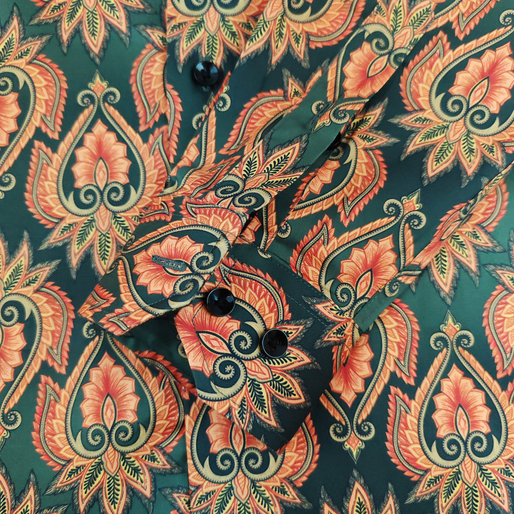 Men's Slim Fit Green Orange Patterned Shirt