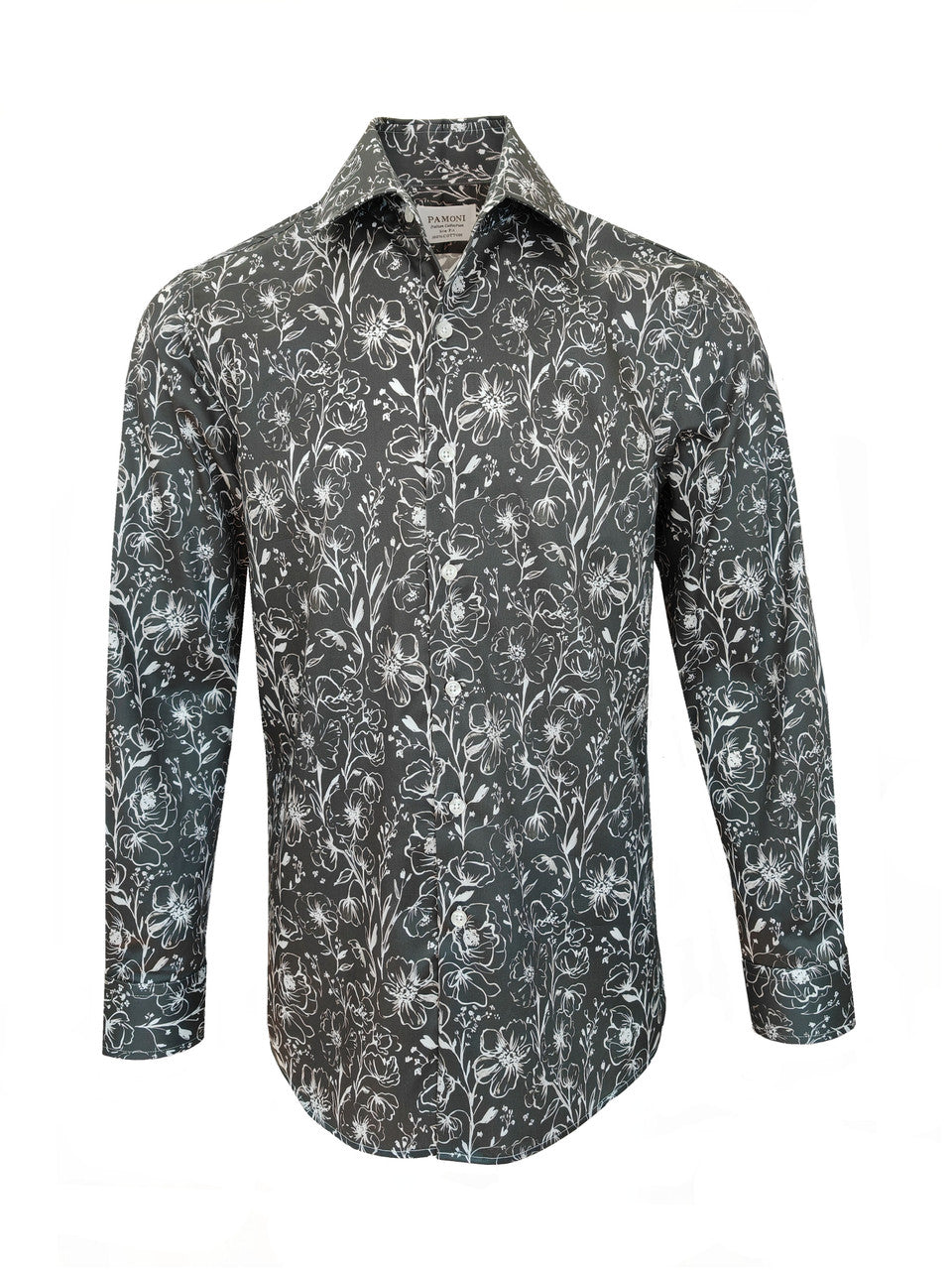 Men's Slim Fit Grey Monochrome Floral Pattern Shirt