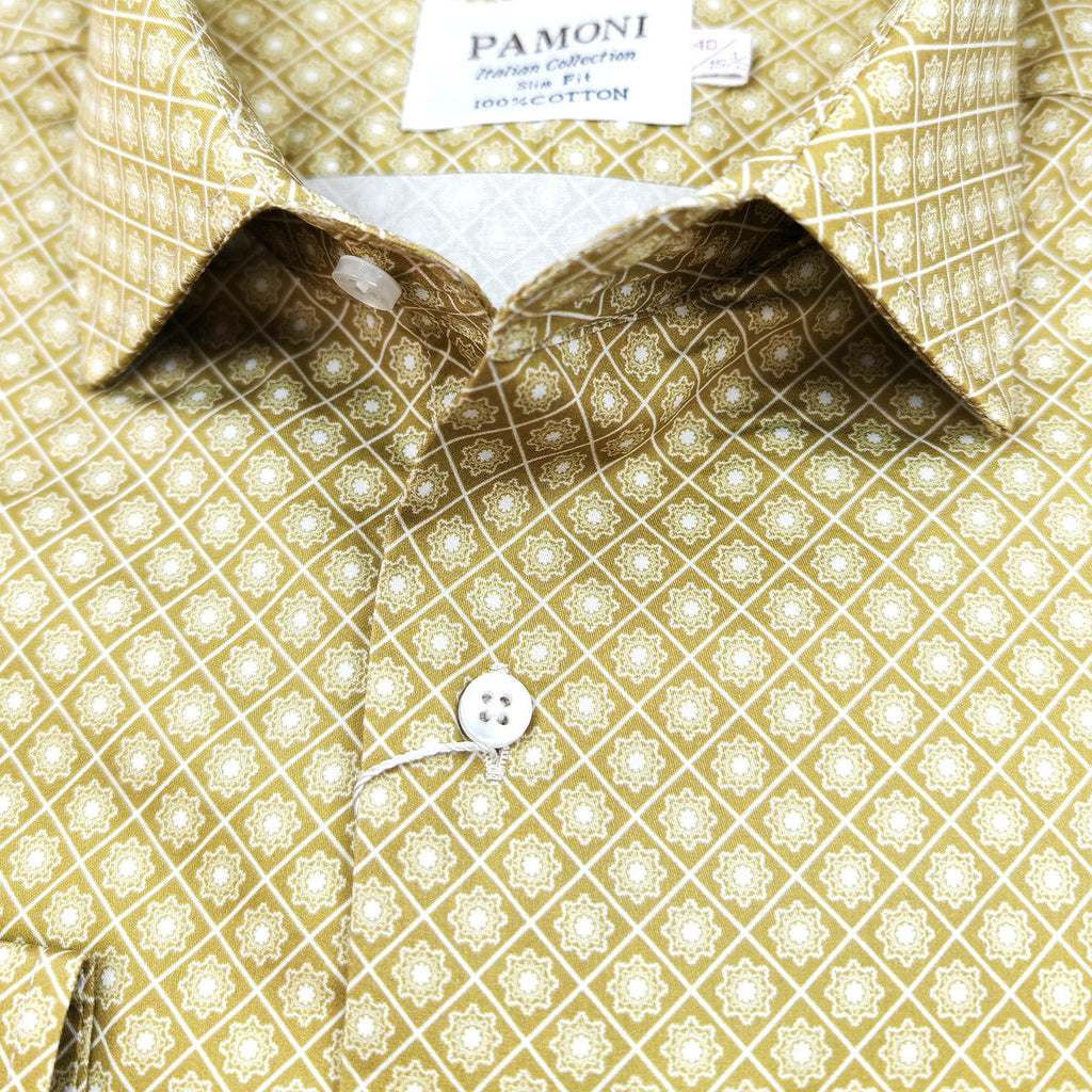 Men’s Yellow Diamond Print Slim Fit Cotton Shirt