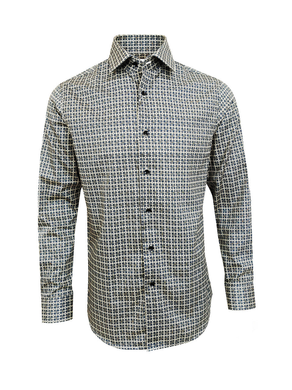 Men’s Beige & Navy Geometric Print Slim Fit Shirt – 100% Cotton
