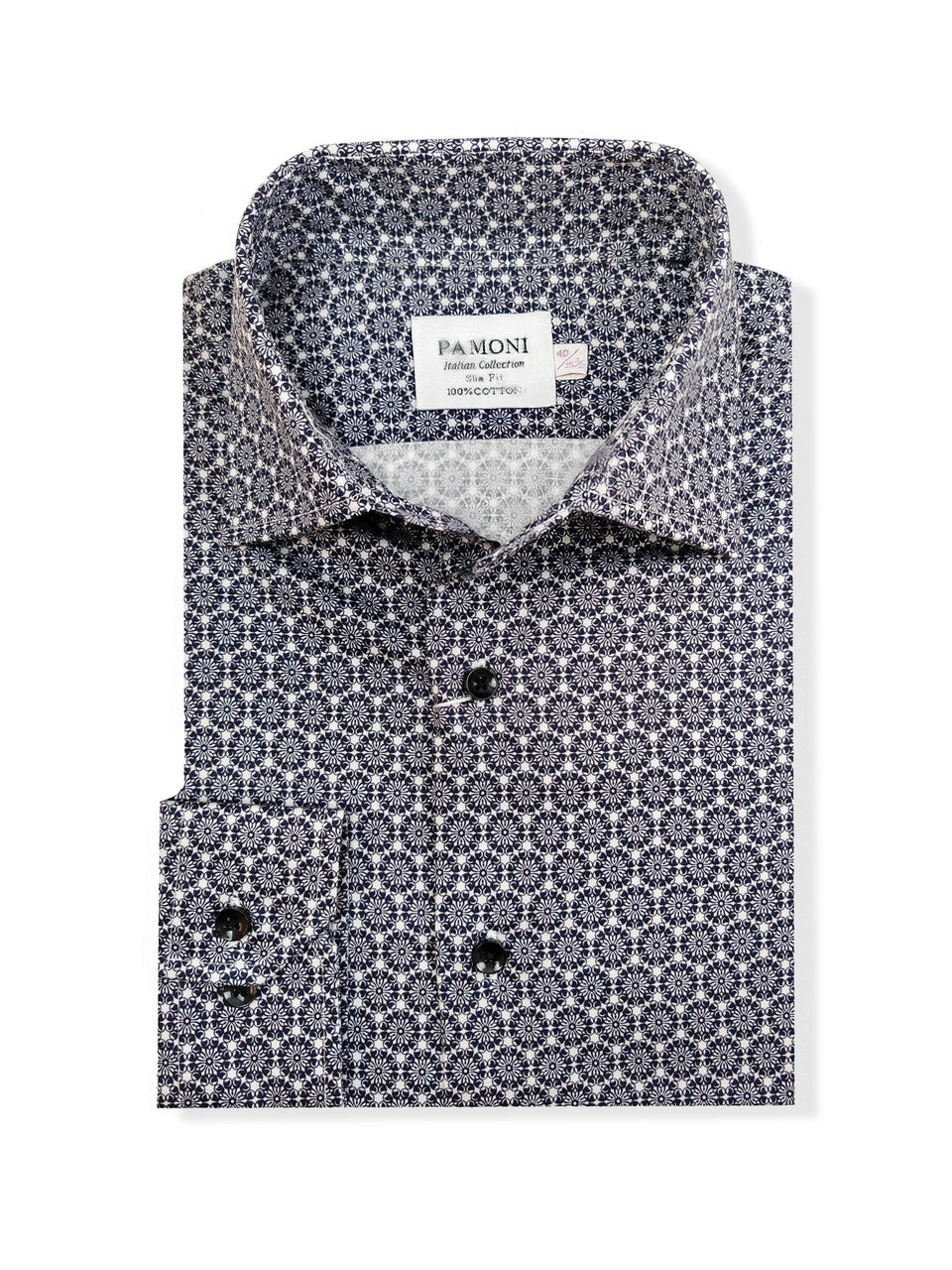 Men’s Navy & White Micro Floral Print Slim Fit Shirt – 100% Cotton