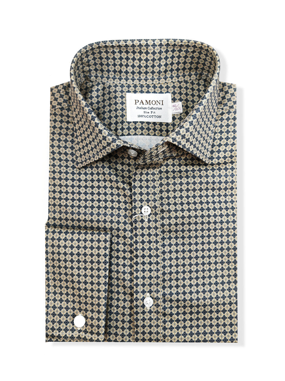 Men’s Beige & Navy Geometric Print Slim Fit Shirt – Double Cuffs, 100% Cotton