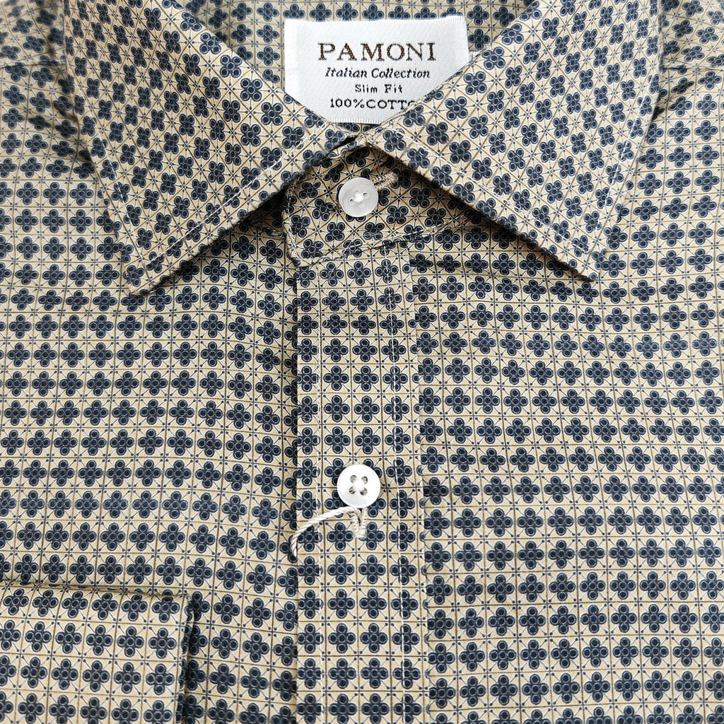Men’s Beige & Navy Geometric Print Slim Fit Shirt – Double Cuffs, 100% Cotton