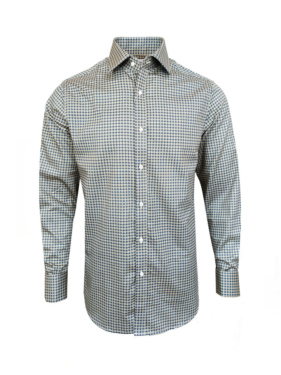 Men’s Beige & Navy Geometric Print Slim Fit Shirt – Double Cuffs, 100% Cotton