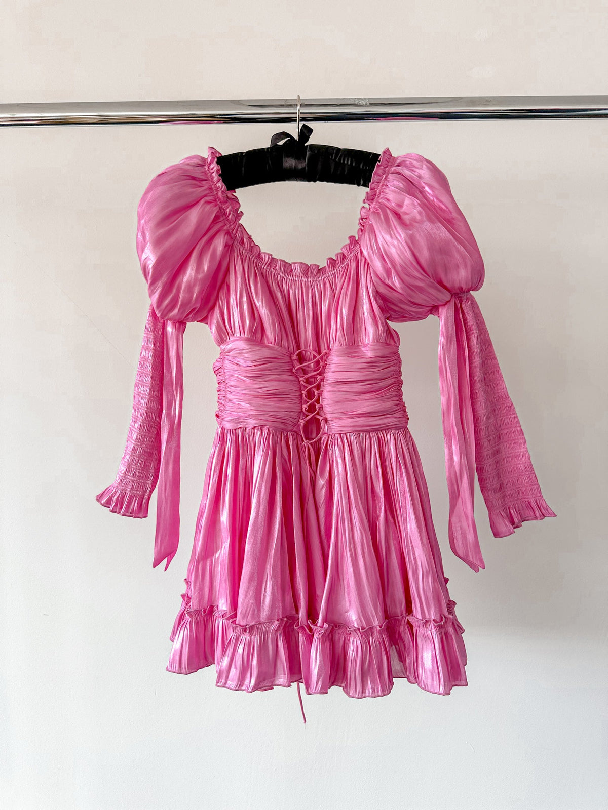 Amy Jane London Esmerelda Hot Pink Puff Sleeve Bow Detail Fitted Laced Bodice Prairie Mini Dress