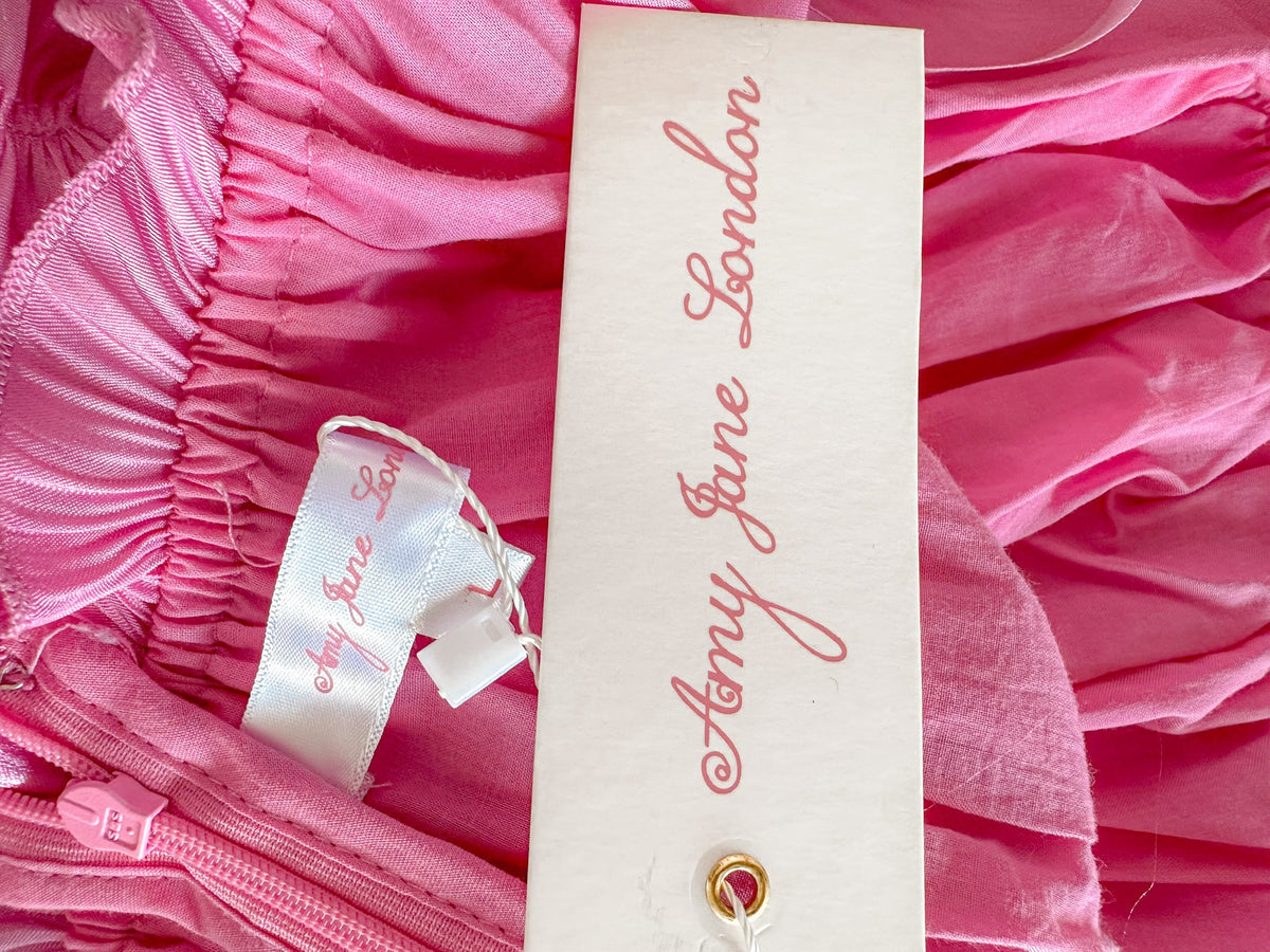 Amy Jane London Esmerelda Hot Pink Puff Sleeve Bow Detail Fitted Laced Bodice Prairie Mini Dress