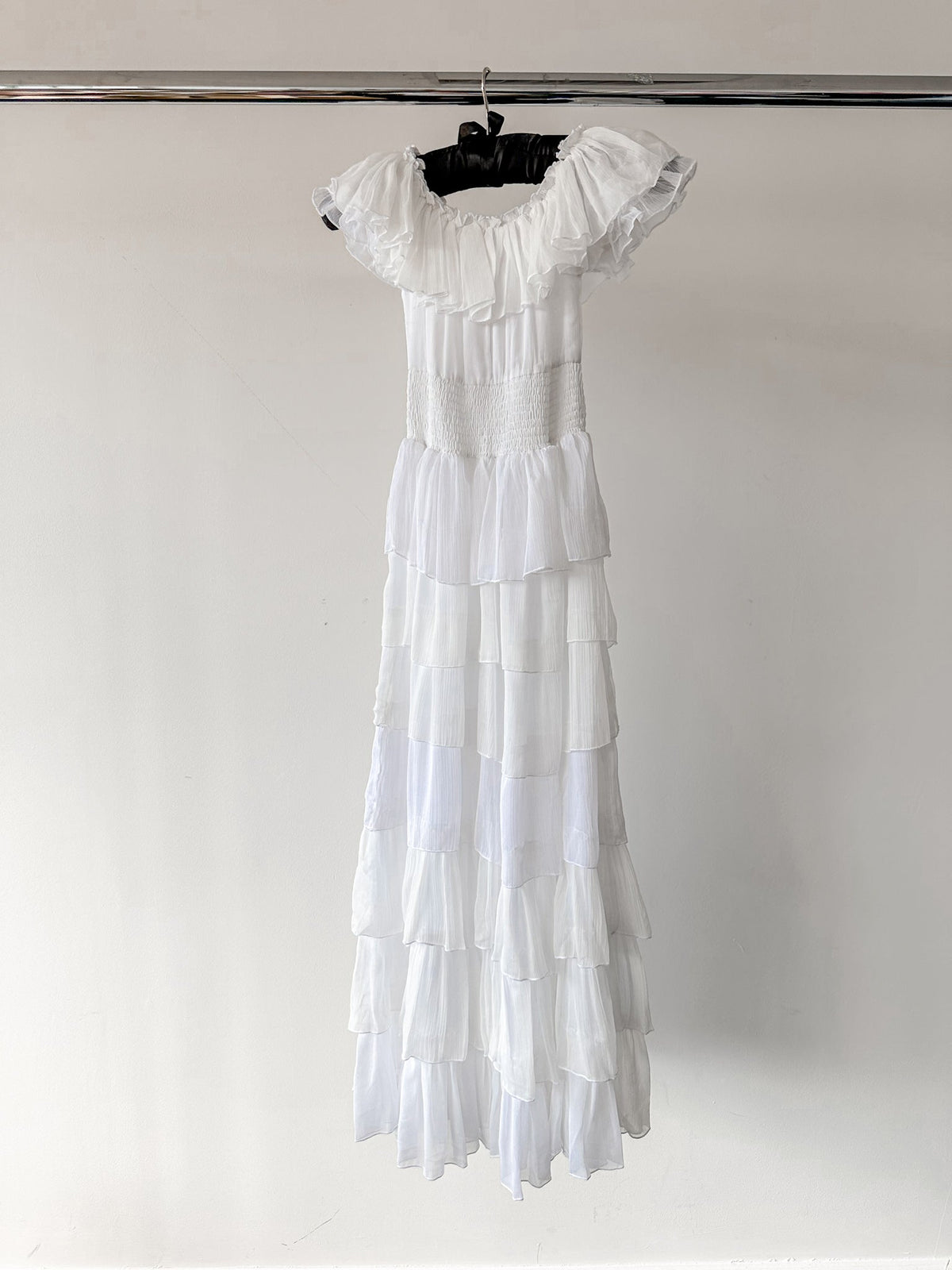 Amy Jane London White Aurelia Bardot Tiered Maxi Dress