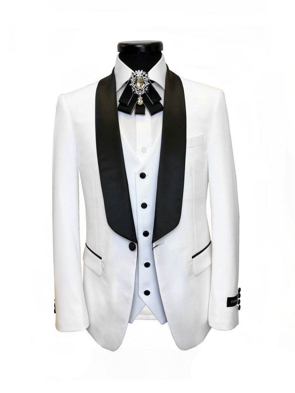 White 3-Piece Tuxedo with Black Shawl Lapel