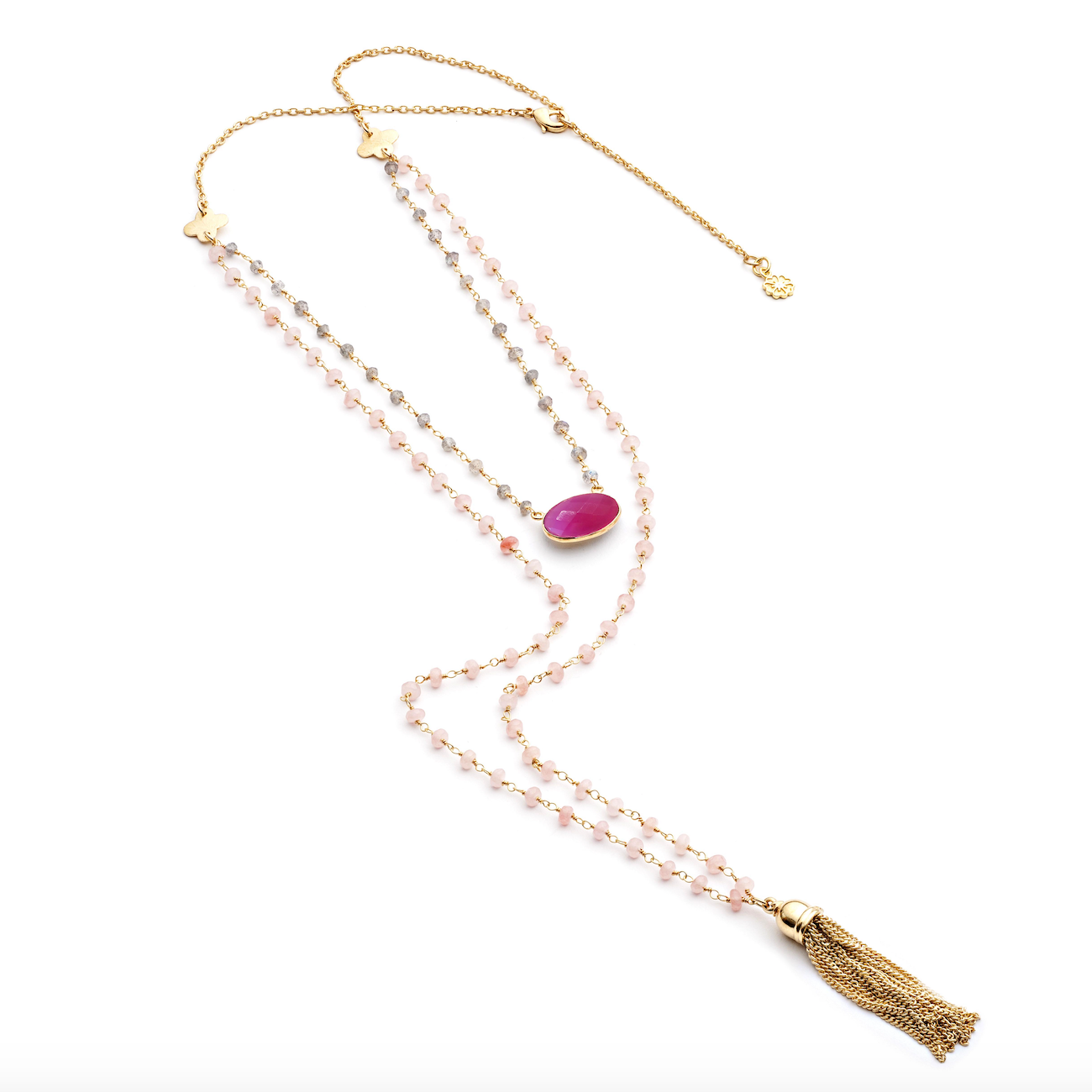 Athena Gemstone Layered Tassel Necklace : Fuchsia Onyx, Labradorite & Pink Chalcedony
