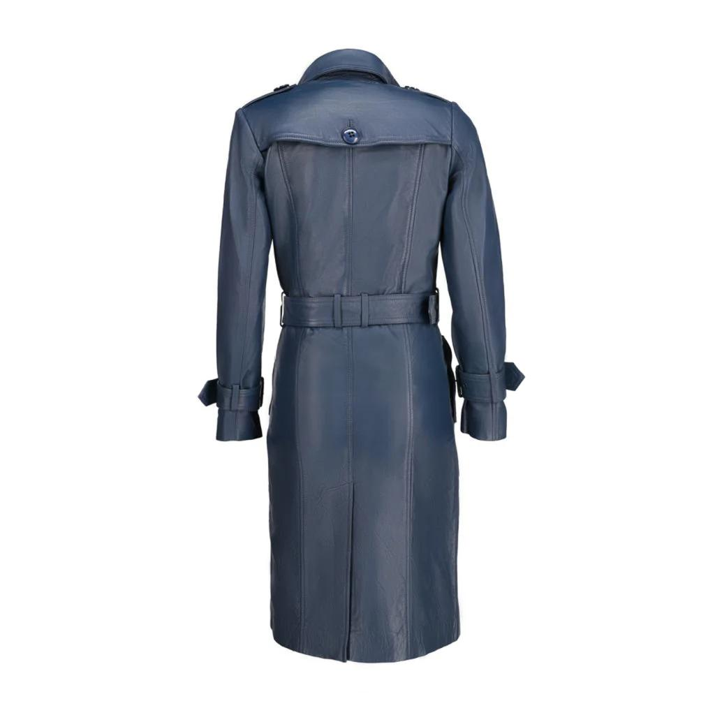 Women's Blue Leather Double-Breasted Trench