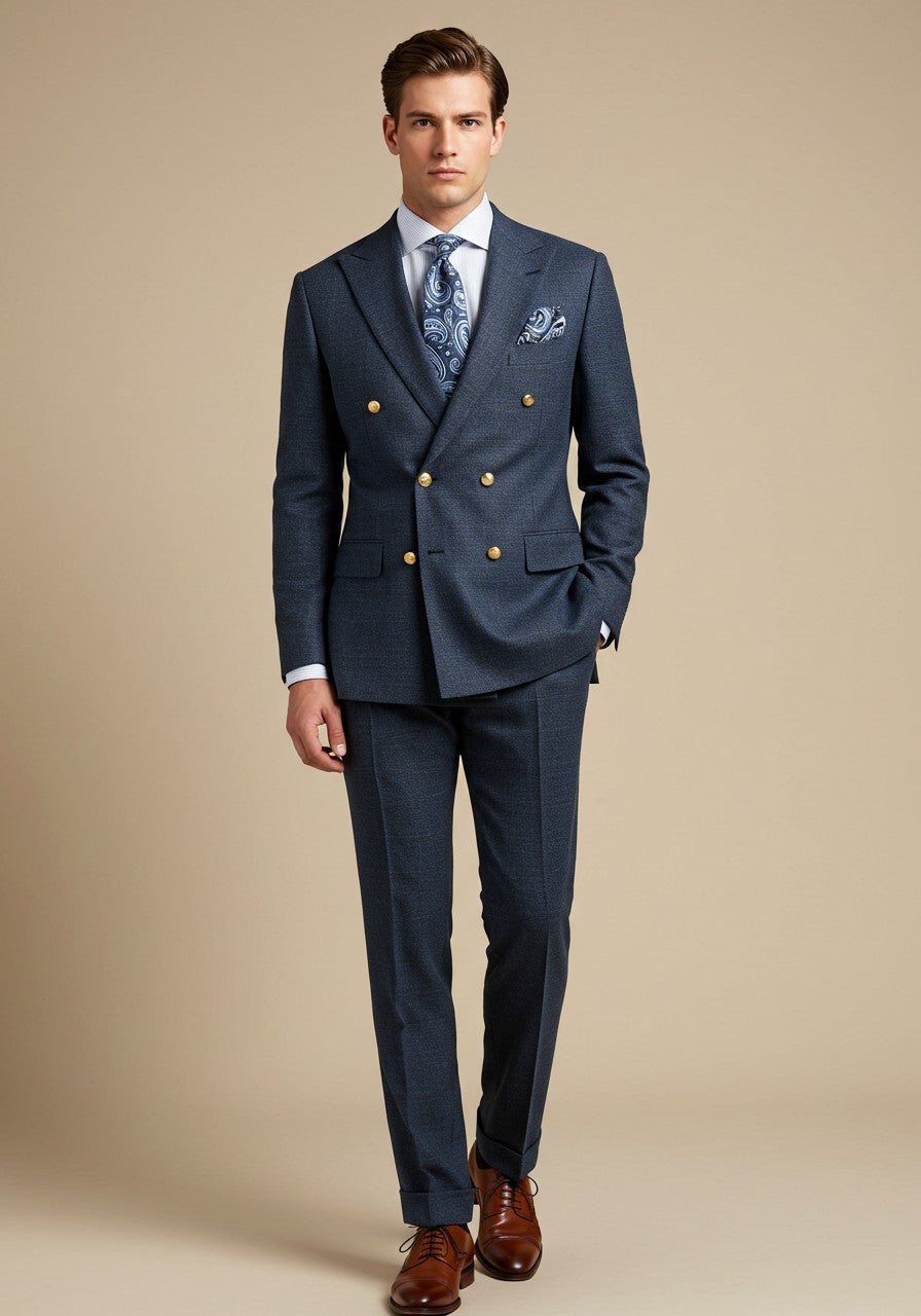 Men's Navy Birdseye Double-Breasted Suit With Gold-Tone Buttons