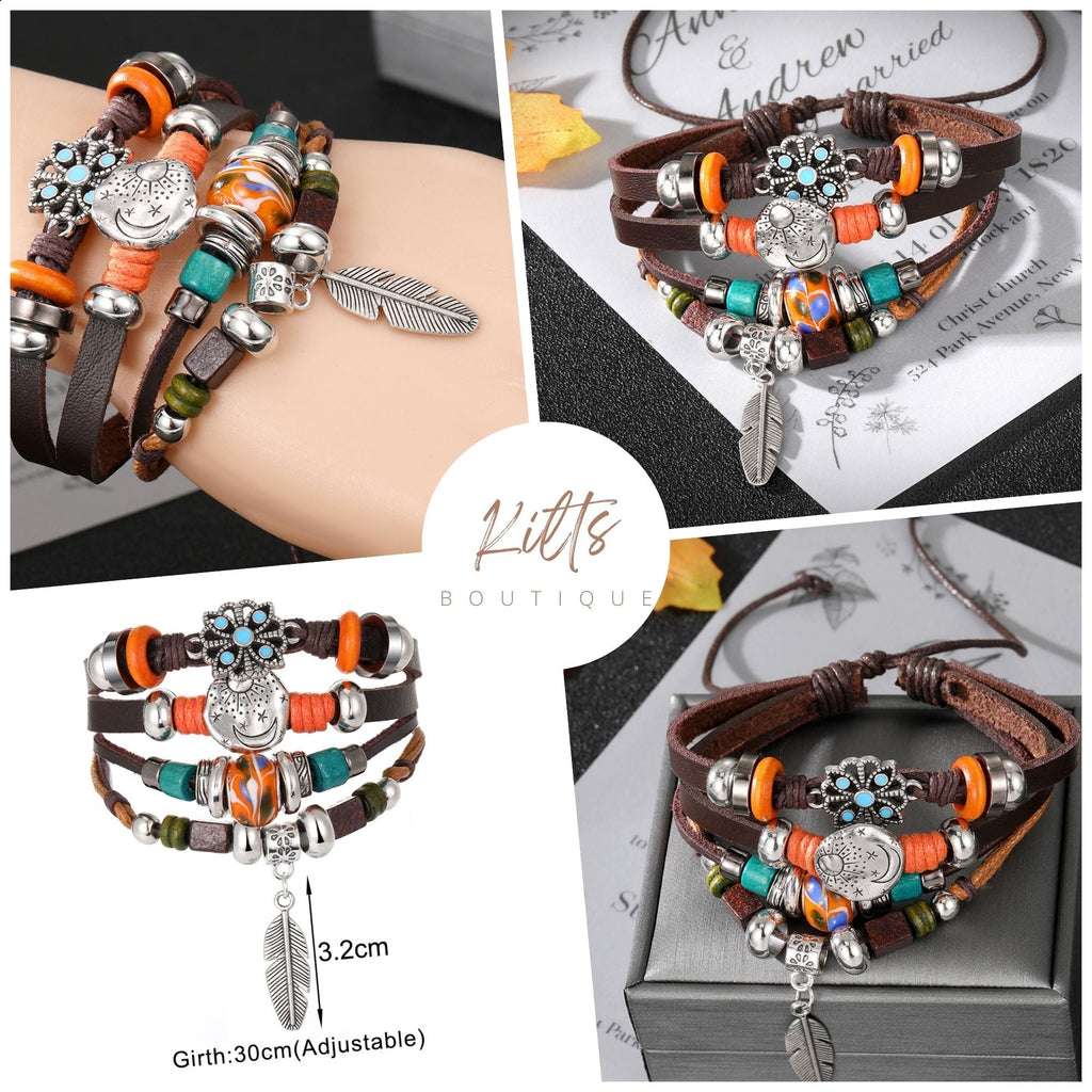 Vintage Gothic Punk Moon Star Metal Multilayer Leather Bracelet Unisex Leaf Bracelets