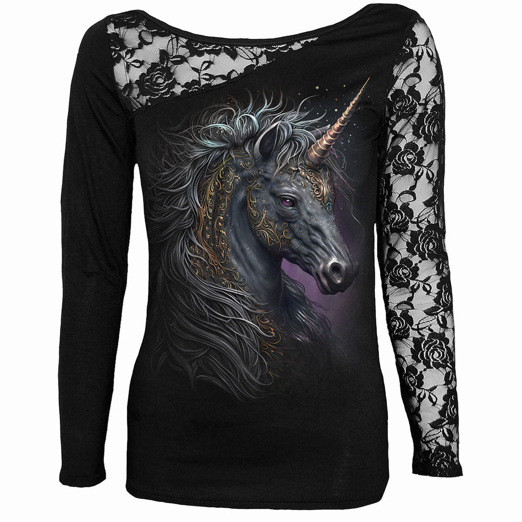 CELTIC UNICORN - Lace One Shoulder Top Black