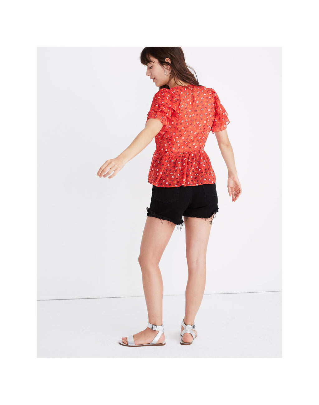 MADEWELL Red Floral Tiered Sleeve Peplum Top