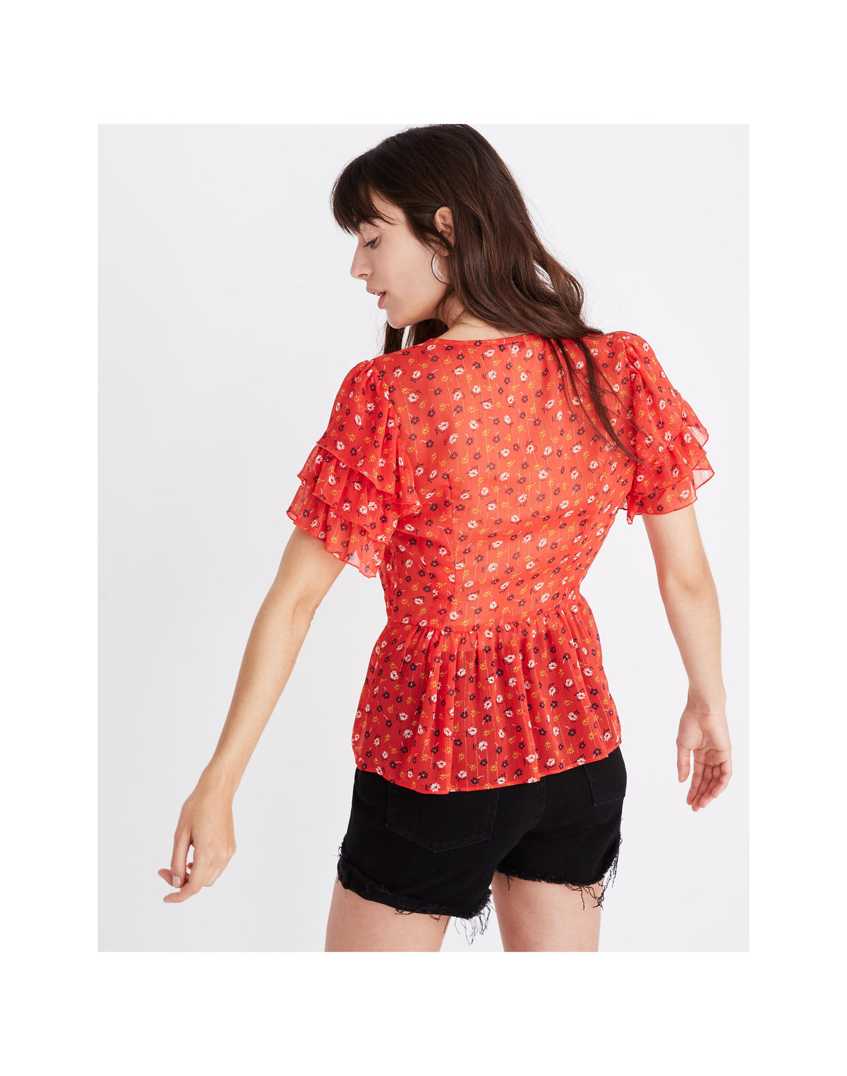 MADEWELL Red Floral Tiered Sleeve Peplum Top
