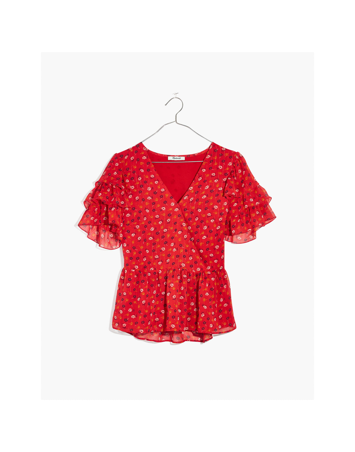 MADEWELL Red Floral Tiered Sleeve Peplum Top