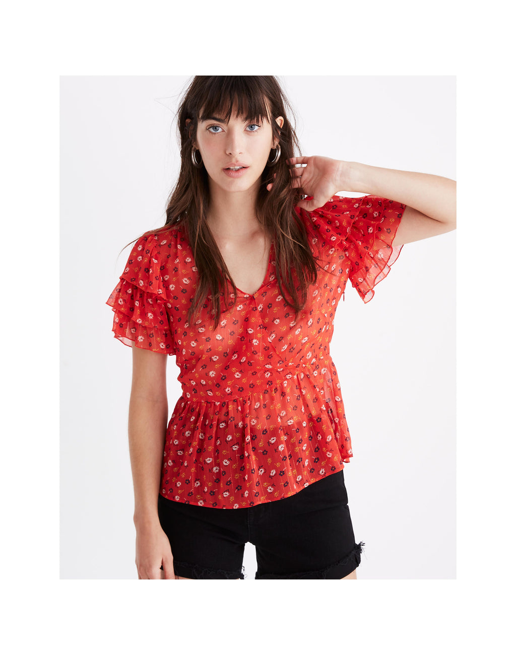 MADEWELL Red Floral Tiered Sleeve Peplum Top