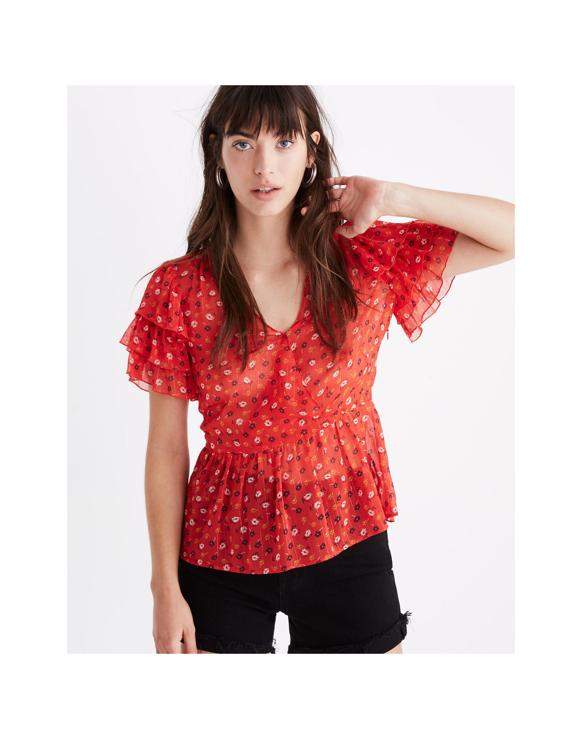 MADEWELL Red Floral Tiered Sleeve Peplum Top