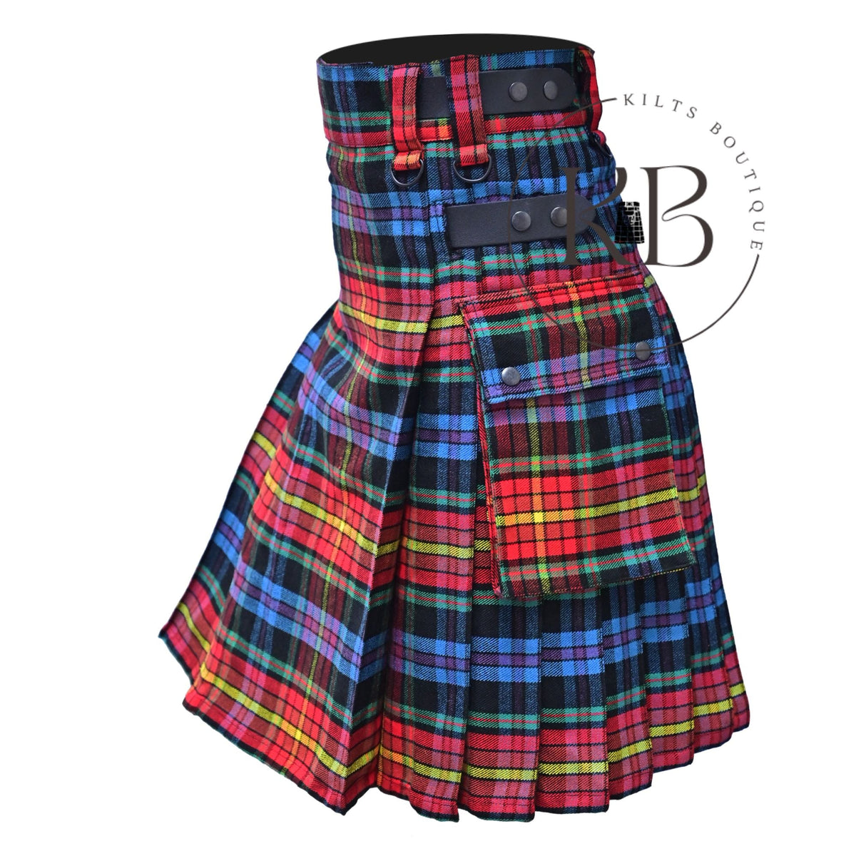 Scottish Men Tartan LGBT Utility Modern Kilt With Leather Straps Pockets Kilt LGBTQ Pride Kilt