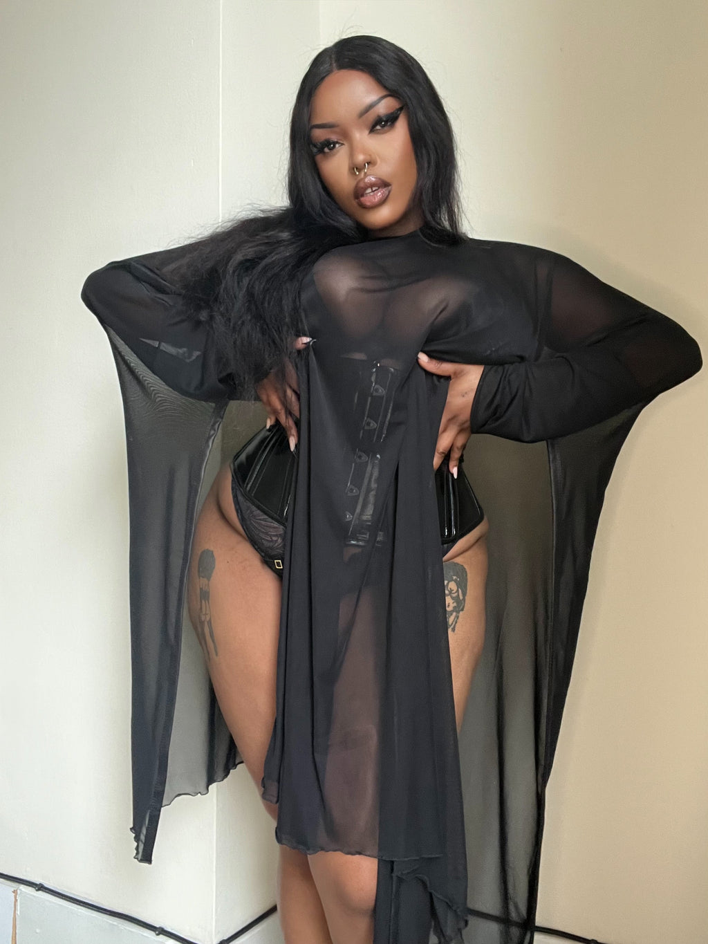 Necessary Evil Anahita Gothic Mesh Layer Dress - Sheer Black with Faux Leather Trim