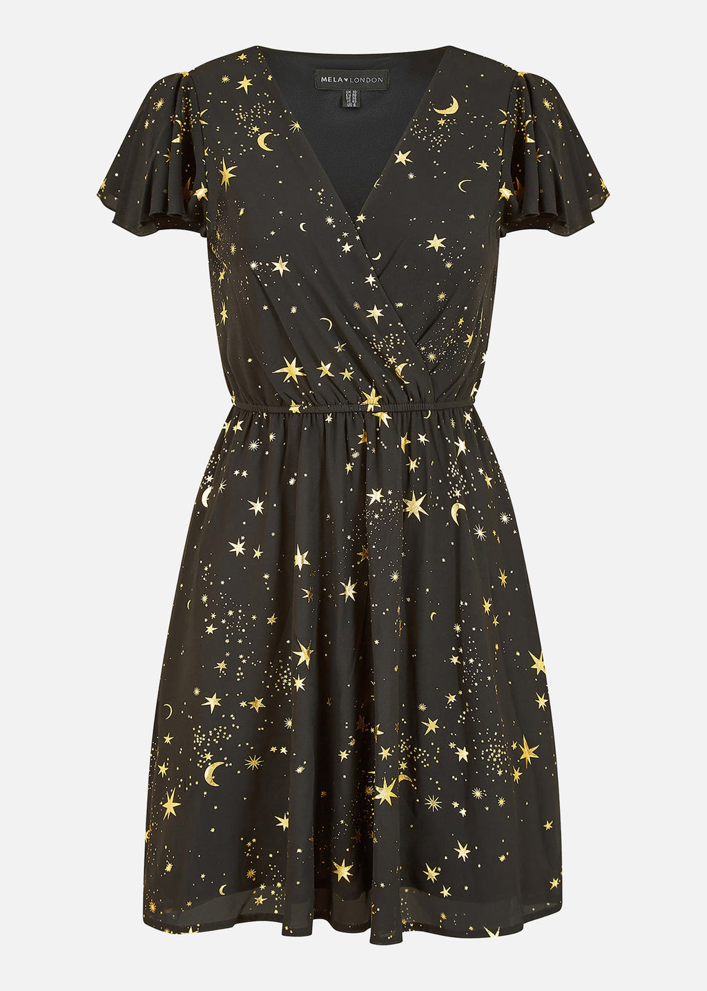 Mela Black Foil Star Print Wrap Skater Dress