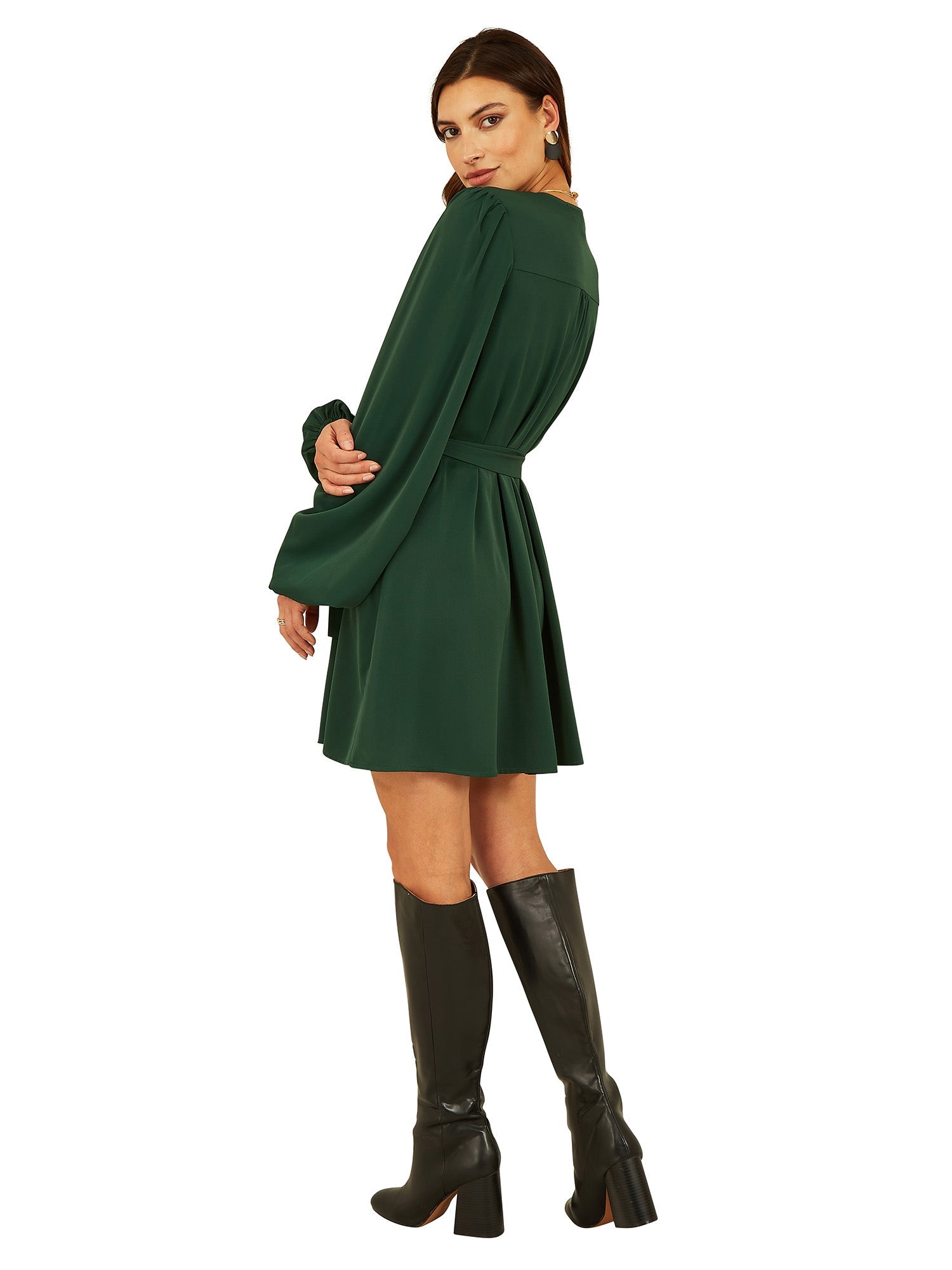 Mela Green Balloon Sleeve Shirt Dress