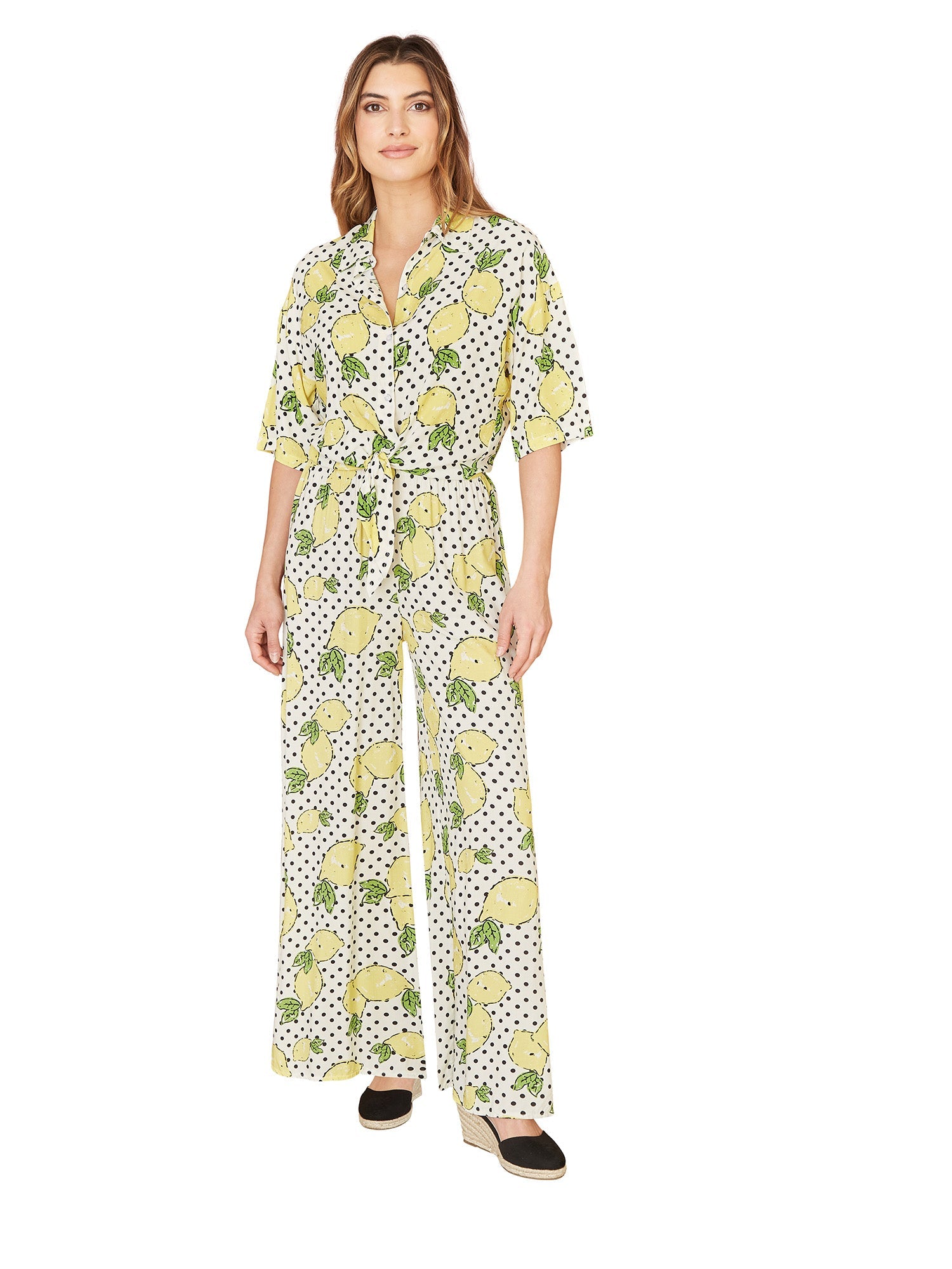 Mela White Viscose Lemon Print Relaxed Fit Trousers