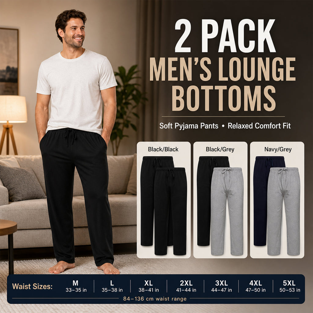 Sock Stack 2 Pack Mens Cotton Lounge Bottoms Stretchable PJ Pants Durable Cosy Cosy Super Soft Lounge Comfort