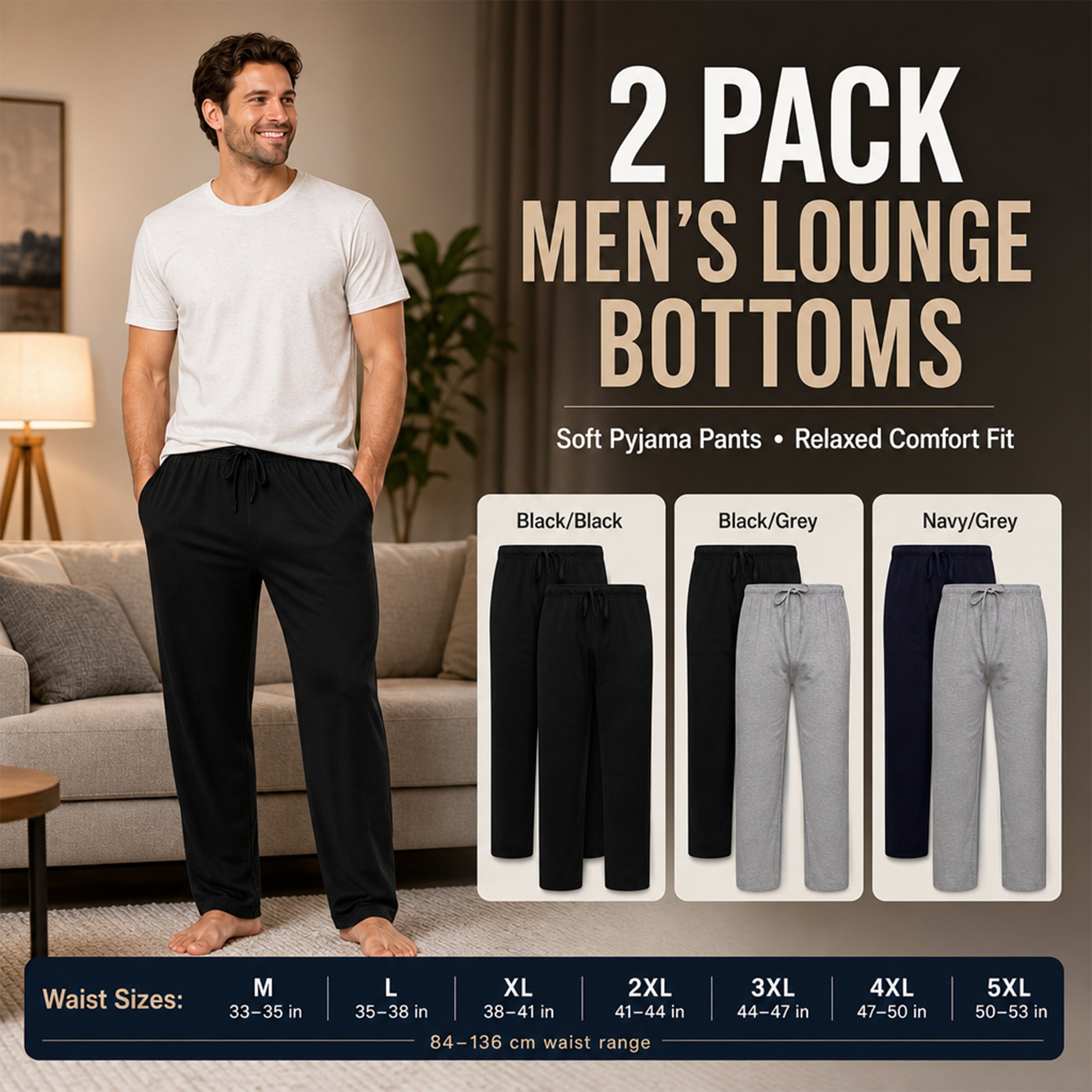 Sock Stack 2 Pack Mens Cotton Lounge Bottoms Stretchable PJ Pants Durable Cosy Cosy Super Soft Lounge Comfort