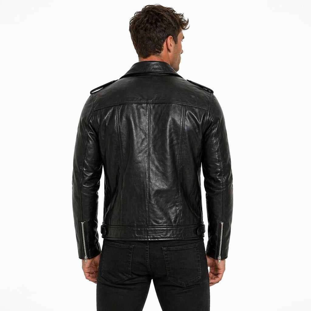 Men's Black Asymmetric Leather Belted Jacket