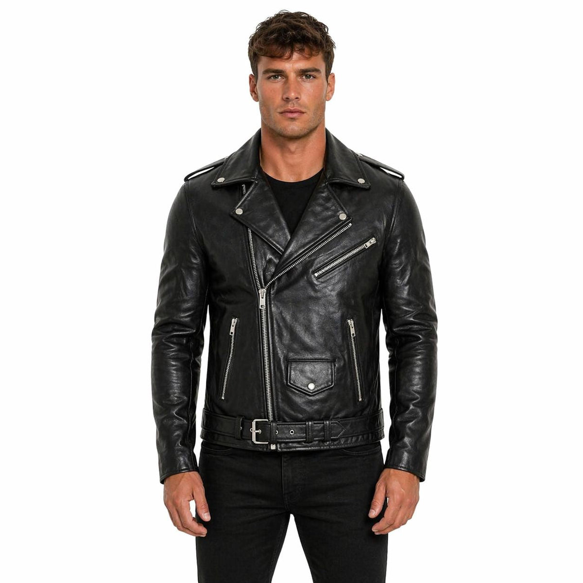 Men's Black Asymmetric Leather Belted Jacket