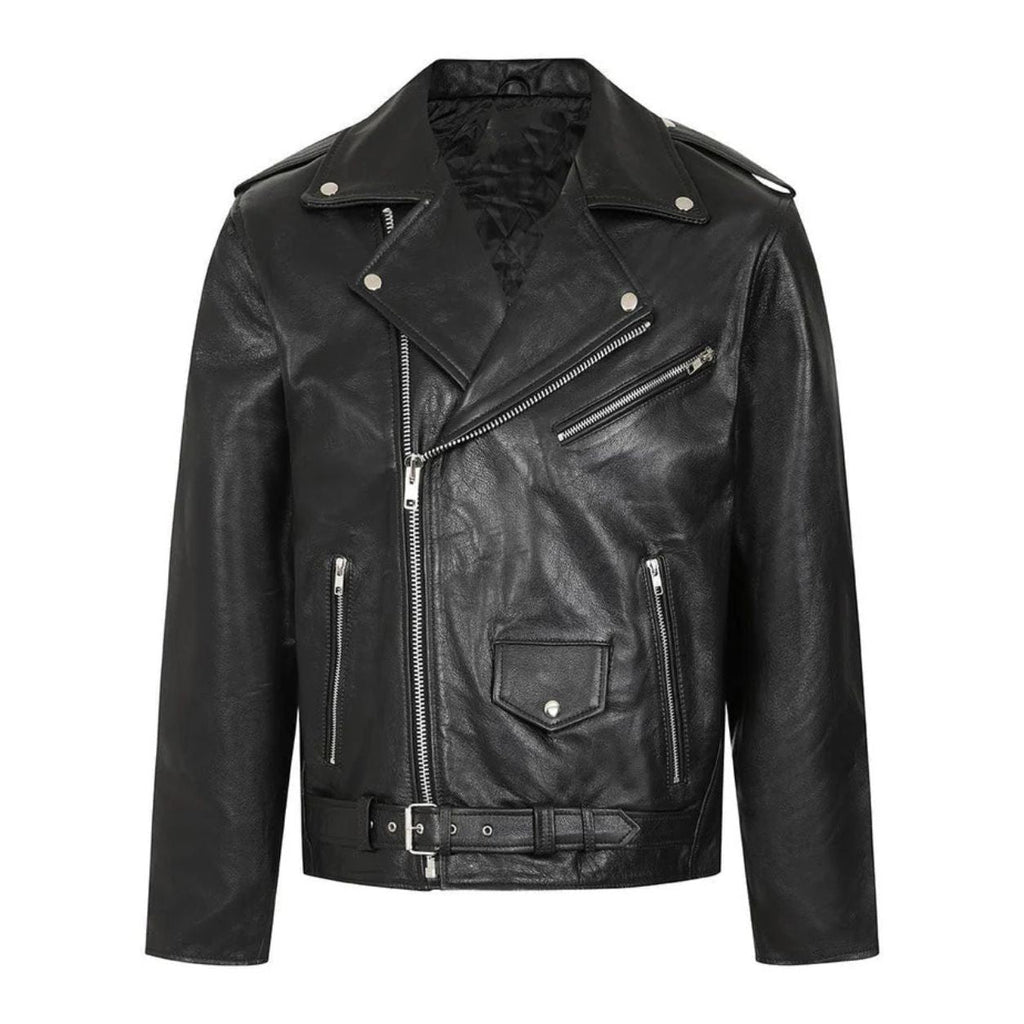 Men's Black Asymmetric Leather Belted Jacket