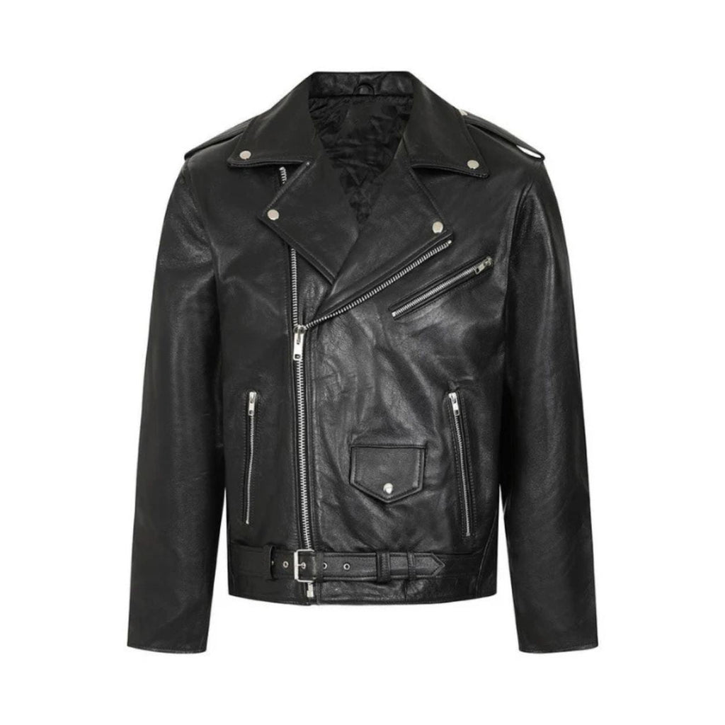 Men's Black Asymmetric Leather Belted Jacket