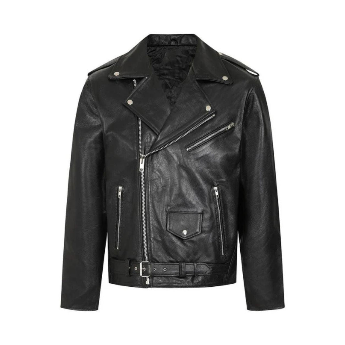 Men's Black Asymmetric Leather Belted Jacket