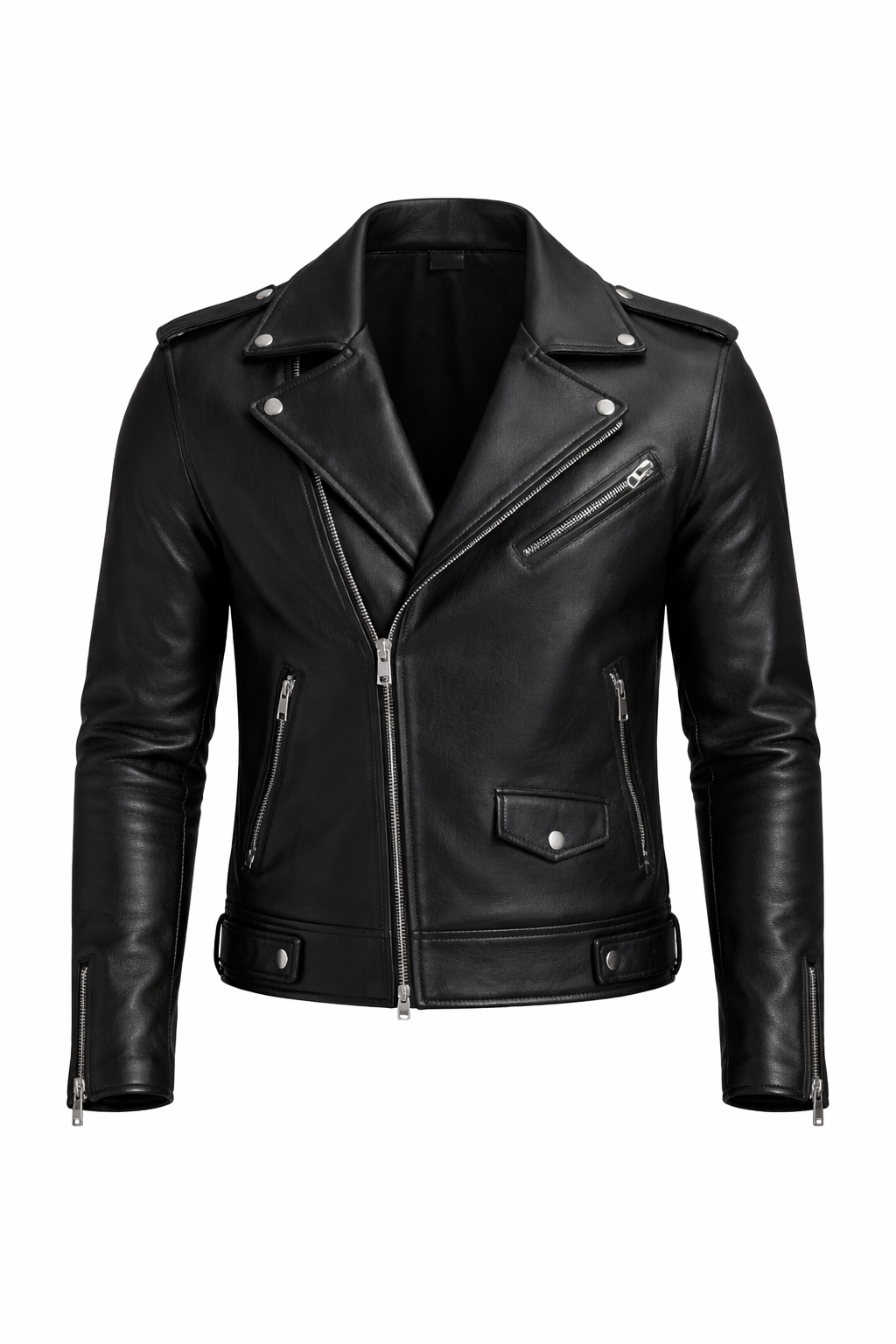 Men's Slim-Fit Black Leather Lapel Jacket