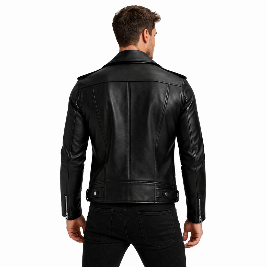 Men's Slim-Fit Black Leather Lapel Jacket