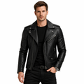 Men's Slim-Fit Black Leather Lapel Jacket