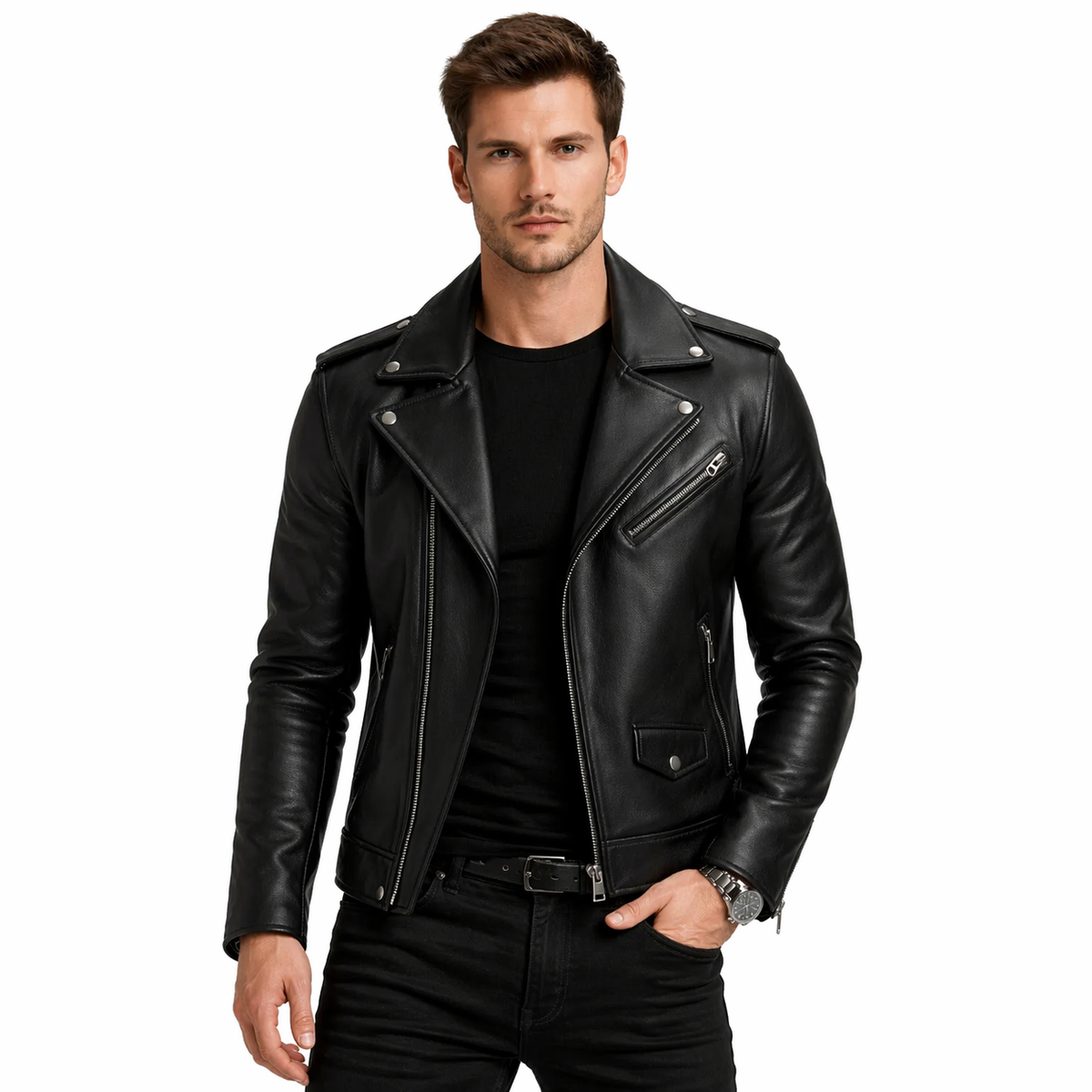 Men's Slim-Fit Black Leather Lapel Jacket