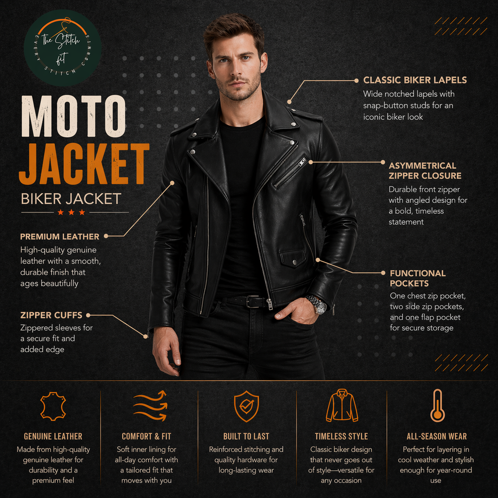 Men's Slim-Fit Black Leather Lapel Jacket