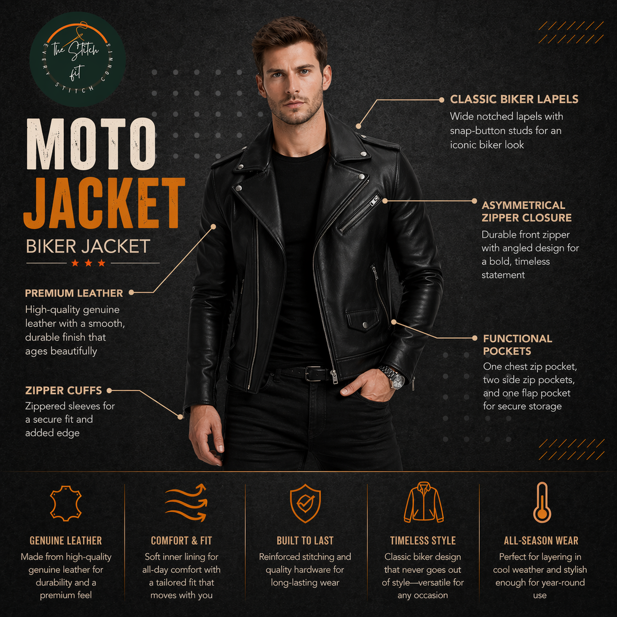 Men's Slim-Fit Black Leather Lapel Jacket