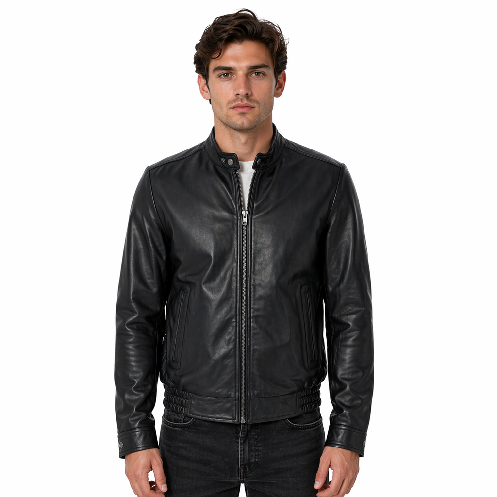 Men's Black Two-Pocket Leather Bomber
