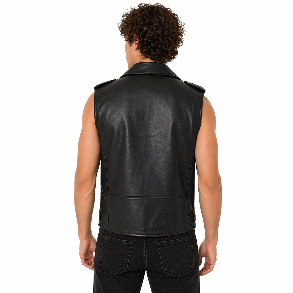 Men's Black Belted Leather Biker Vest