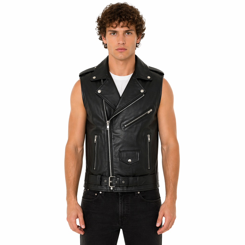 Men's Black Belted Leather Biker Vest