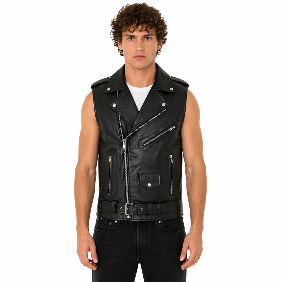 Men's Black Belted Leather Biker Vest