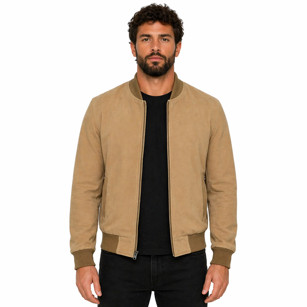 Men's Camel Brown Suede Bomber Jacket
